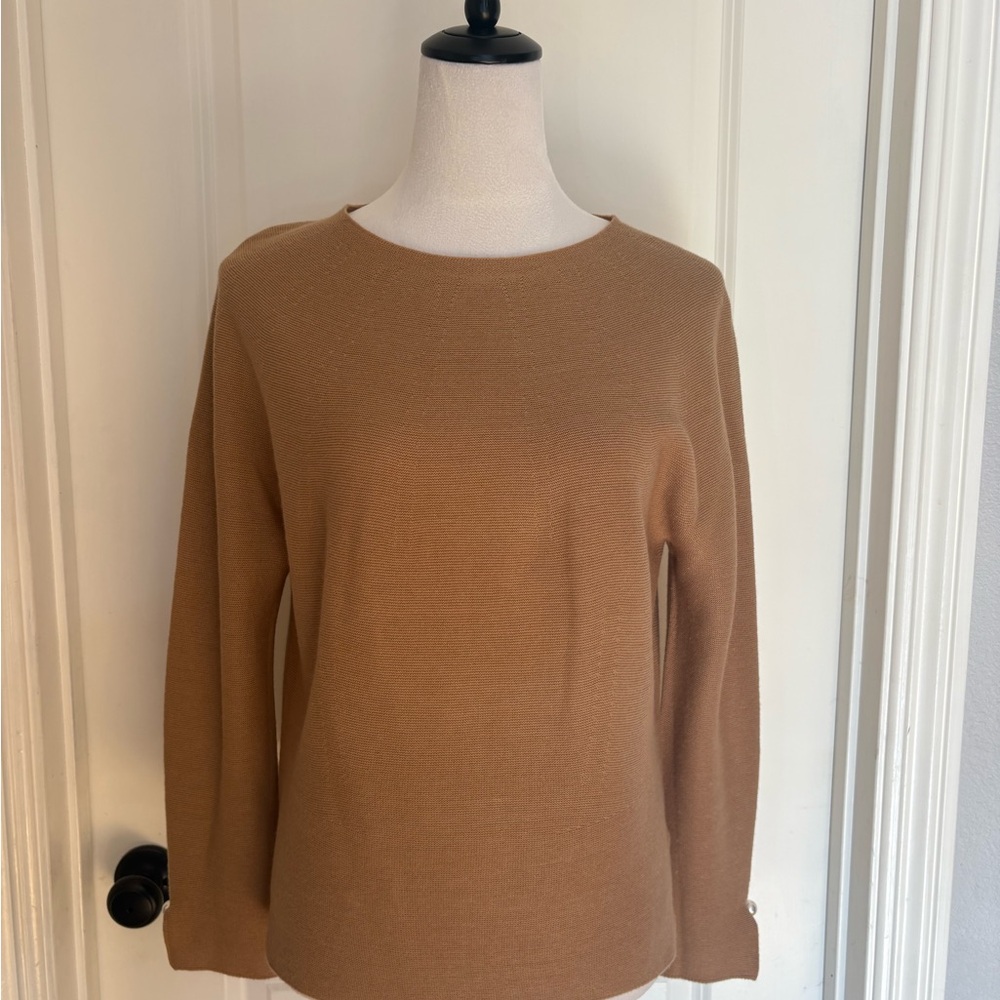 Camel Knit Sweater with Pearl Button Cuffs | Minimalist Chic